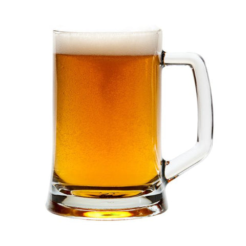 Small straight sided glass beer mug filled with golden amber beer and frothy white head 395ml straight sided tankard