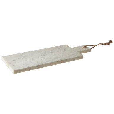 Small white marble chopping and serving board with natural stone texture and wooden handle tied with brown rope