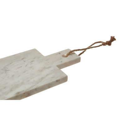 A small white marble chopping and serving board in light gray with subtle veining and a natural rope handle tie