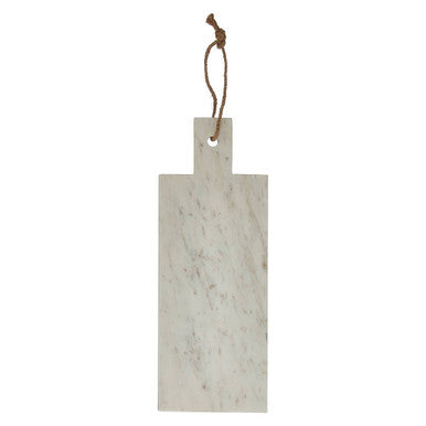 A small white marble chopping and serving board with off-white marble, gray veining, and wood rope loop from salerno