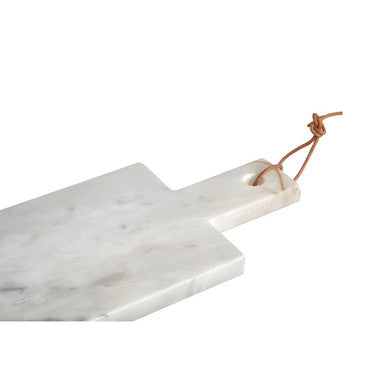 Small white marble paddle chopping and serving board with natural stone texture and light brown leather strap
