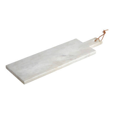 A small white marble serving board with gray veining and a natural wood handle tied with twine for chopping and serving