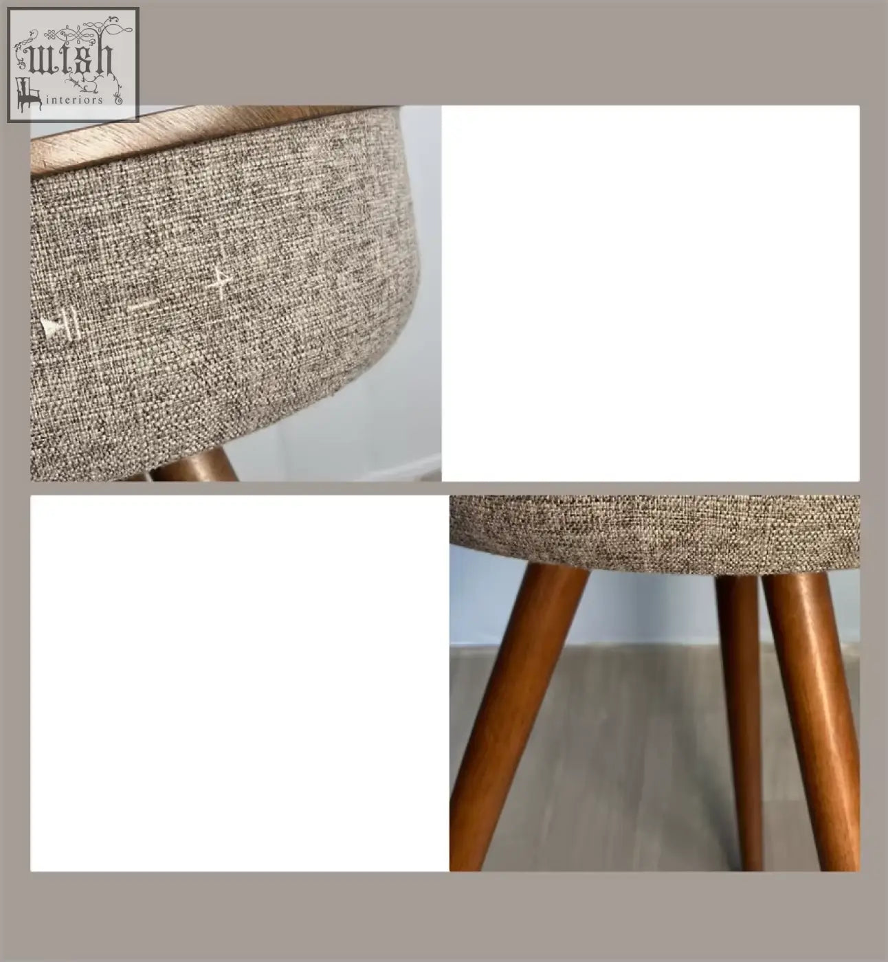 Beige textured fabric chair with tapered wooden legs next to a smart coffee table for a stylish living room setup