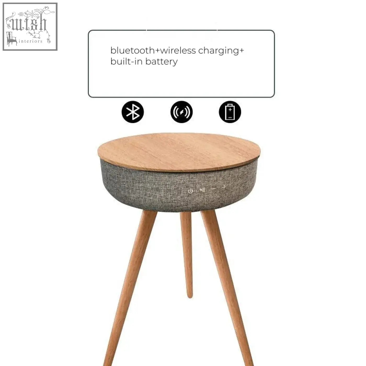 Sleek smart coffee table with light wood top gray fabric body and three wooden legs perfect for any modern space