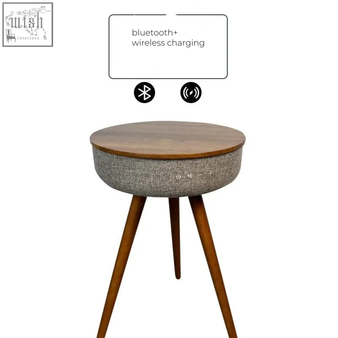 A sleek mid century modern smart coffee table with a round wooden top and gray fabric bluetooth speaker body
