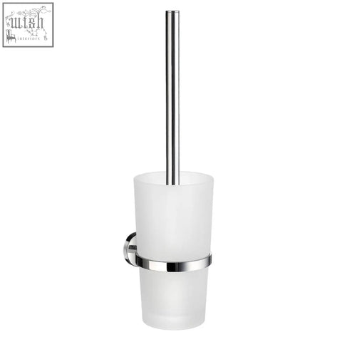Chrome finished smedbo bathroom toilet brush holder with frosted white glass cup and polished chrome wall mount bracket