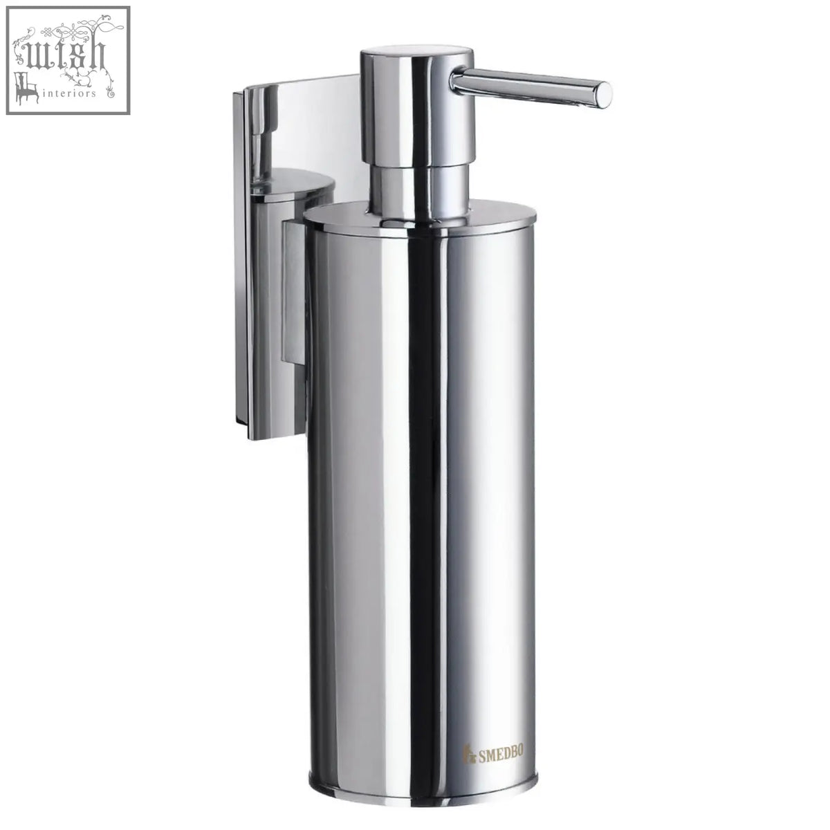 Smedbo pool polished chrome wall soap dispenser with sleek cylindrical body and horizontal pump handle for smedbo bathroom products