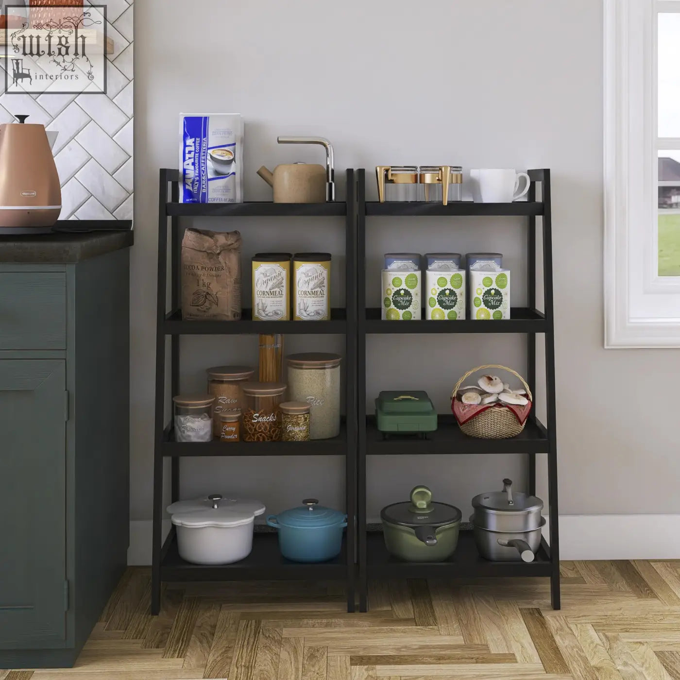 Black metal ladder shelf with four open shelves holding jars pots and a basket in smibuy bamboo bookshelf display stand