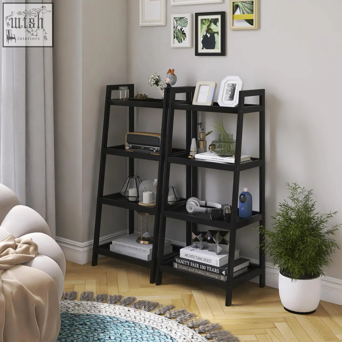 Black smibuy bamboo bookshelf with 4 tier open shelves and handles used as a display stand for plants and decor
