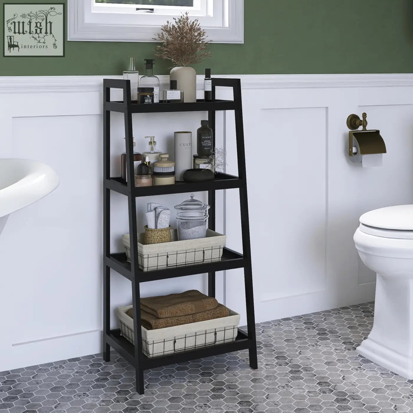 Black metal ladder shelf with four tiers and wire mesh baskets from smibuy bamboo bookshelf open shelves display stand