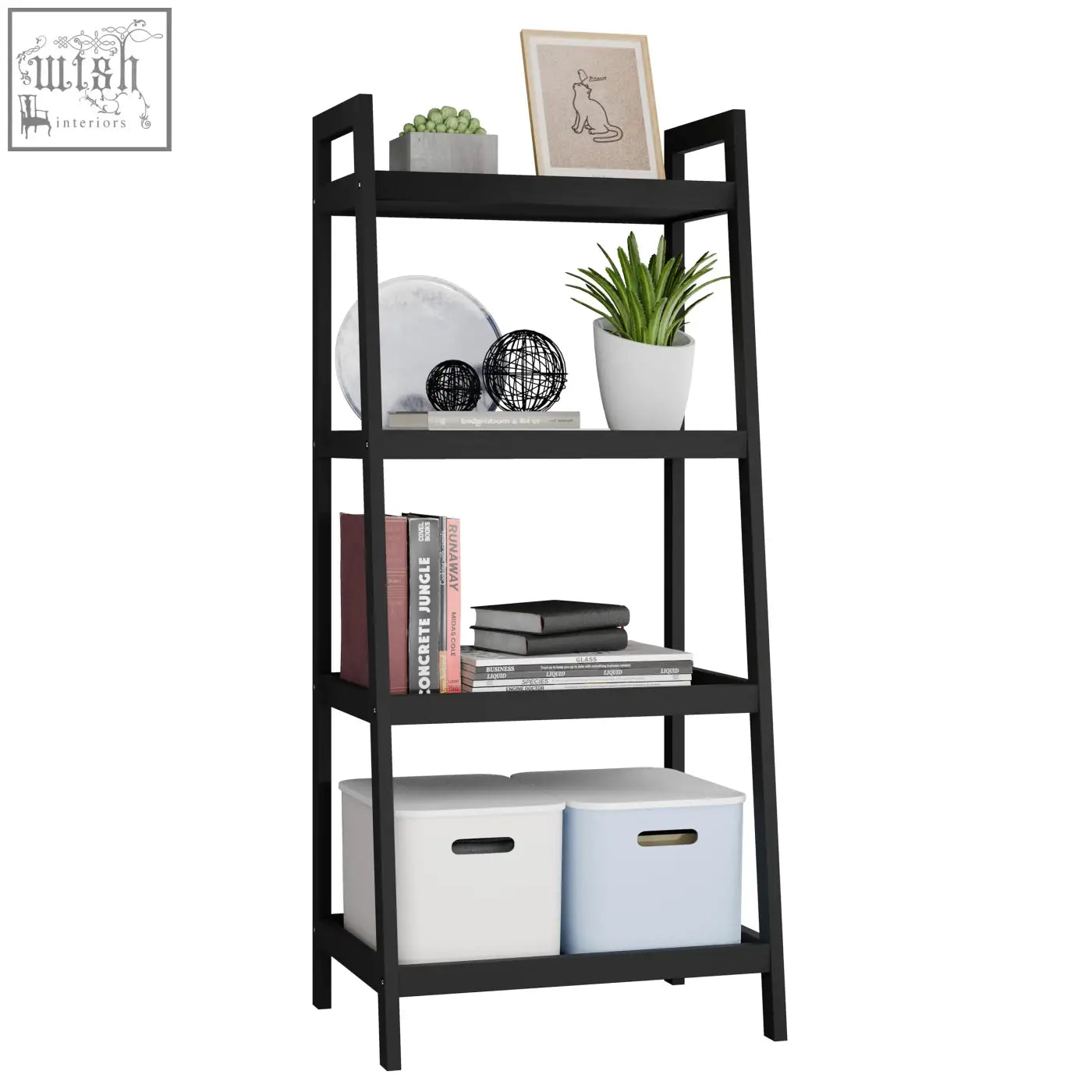 Black metal smibuy bamboo bookshelf with four tier open shelves displaying books plants and storage bins as a display stand