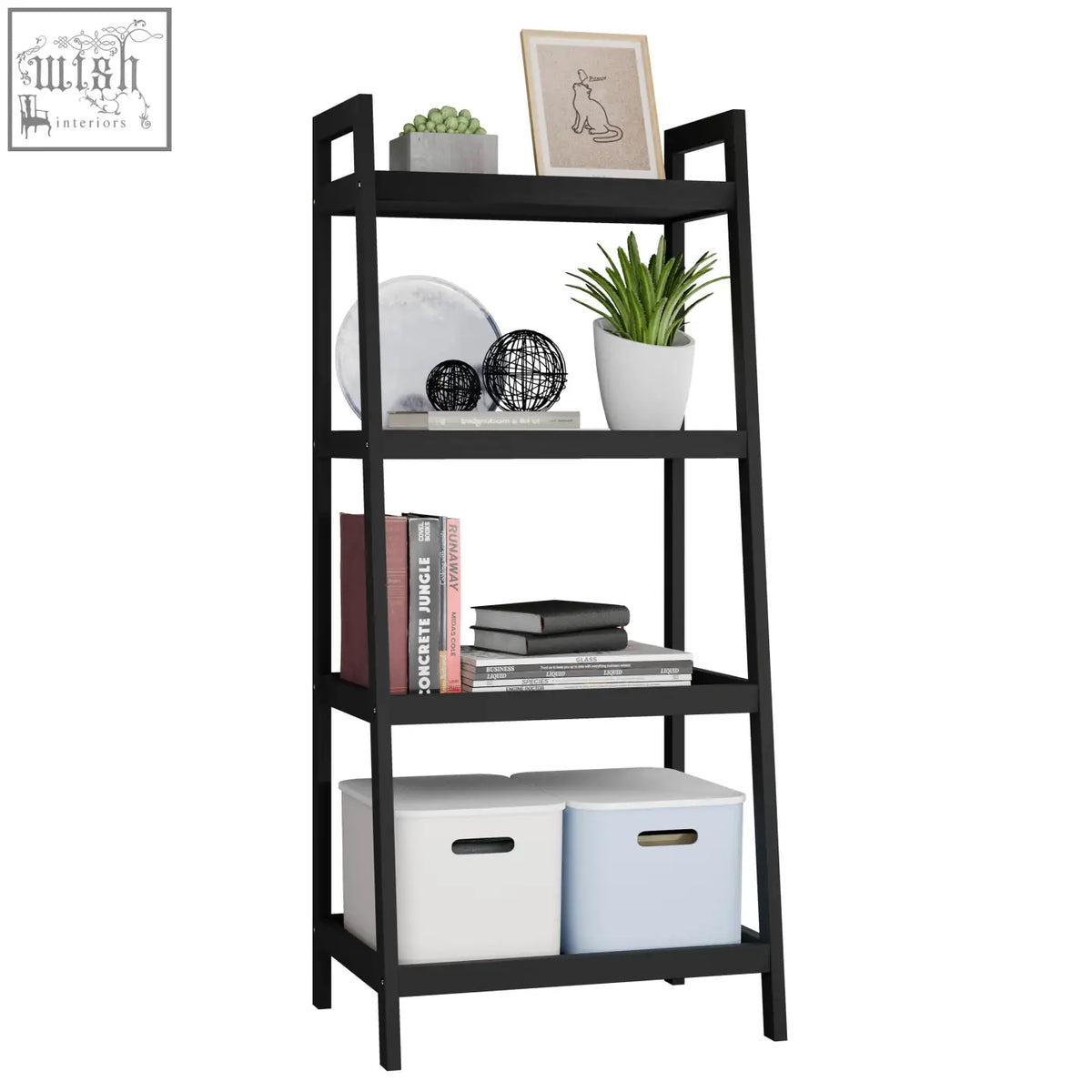 Black metal smibuy bamboo bookshelf with four tier open shelves displaying books plants and storage bins as a display stand