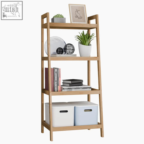 Light wood bamboo ladder shelf with four tiers minimalist design perfect as a plant display stand or bathroom rack