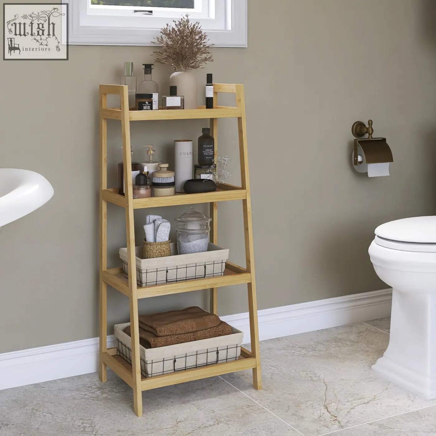 Light wood bamboo ladder shelf with four tiers and wire mesh baskets perfect as a plant display stand
