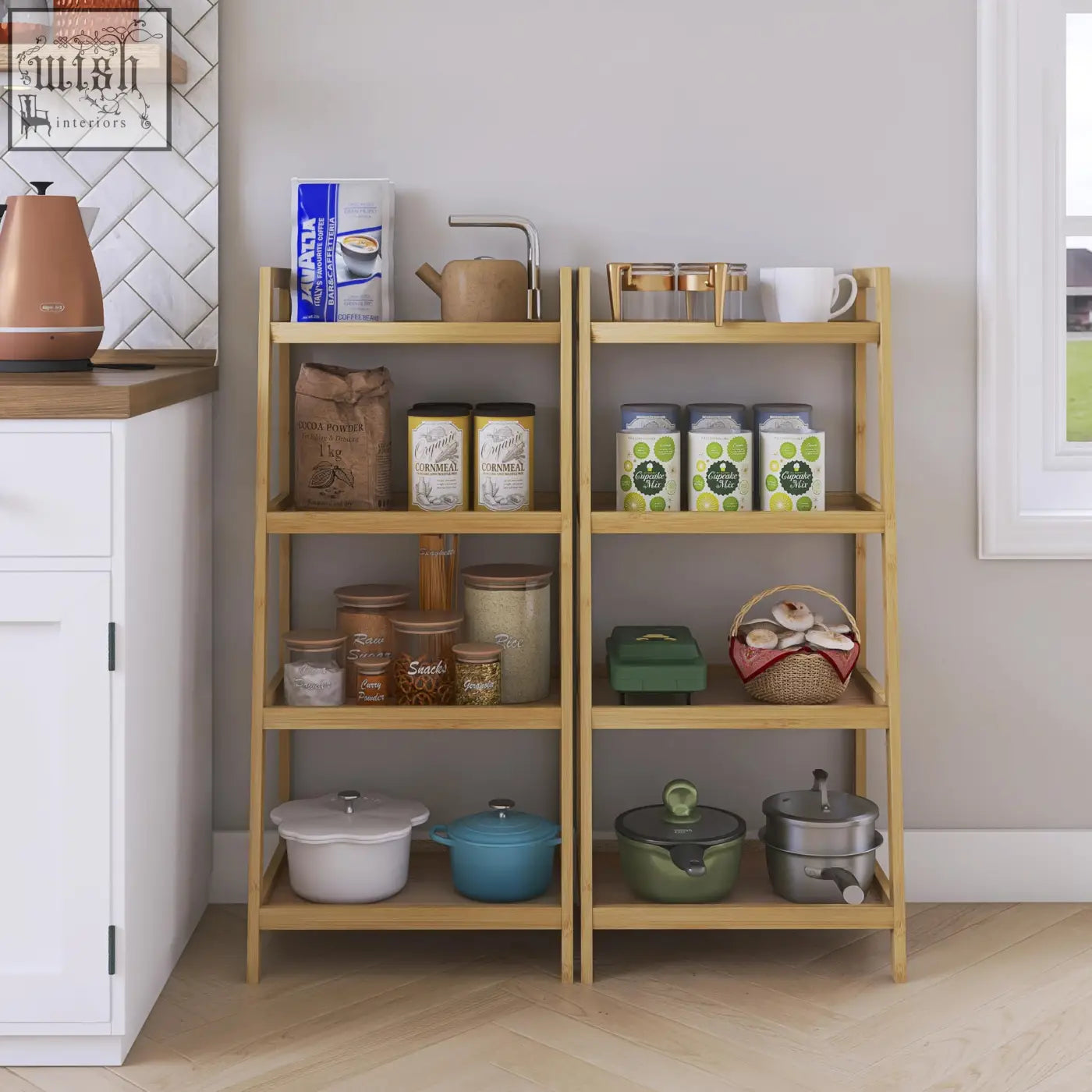Light wood bamboo smibuy 4 tier kitchen shelf unit used as a plant display stand and pantry organizer