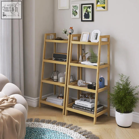 Light-colored bamboo smibuy ladder shelf with multiple tiers serves as a plant display stand and storage organizer