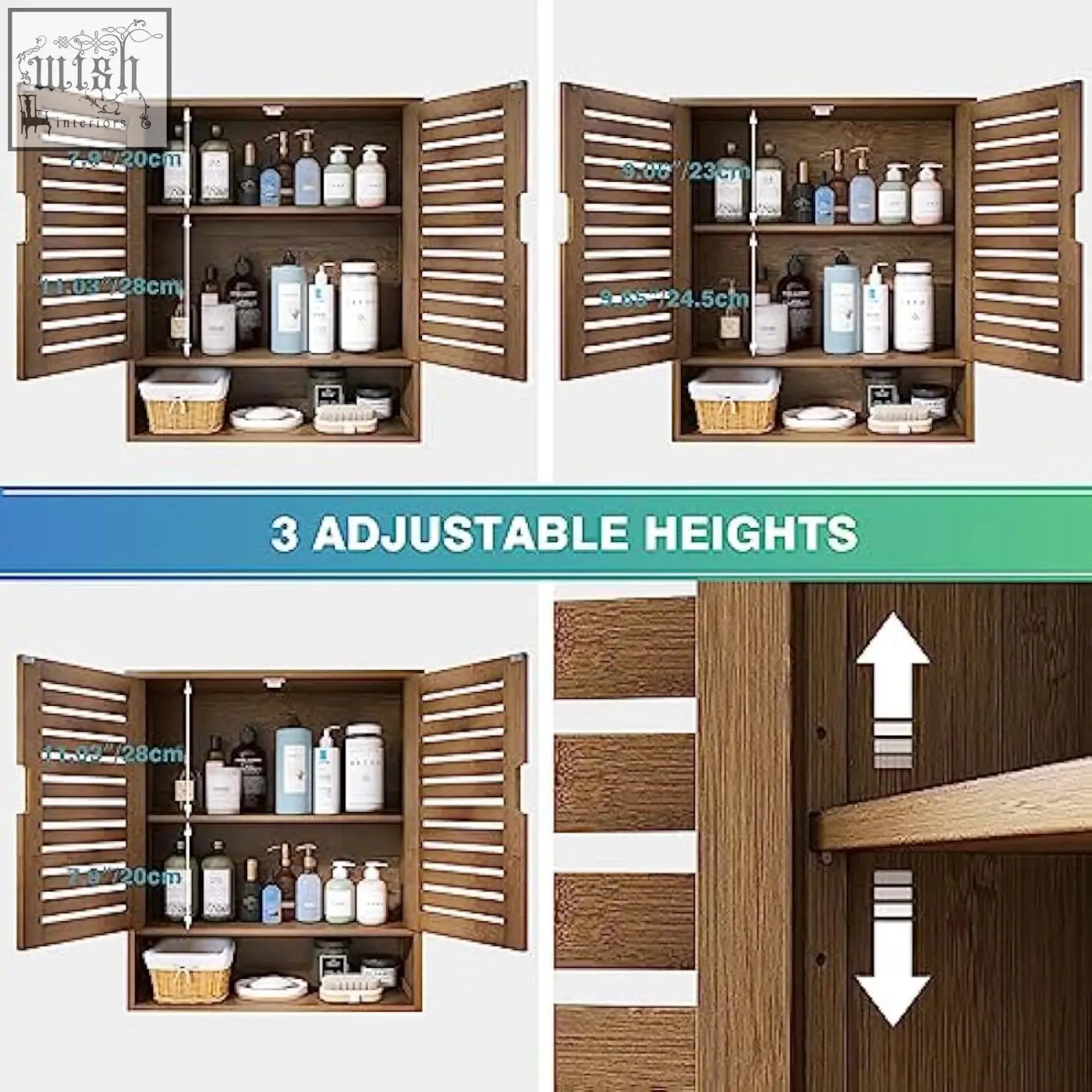 Brown wooden wall cabinet with slatted doors bamboo medicine cabinet with adjustable height brackets for storage space