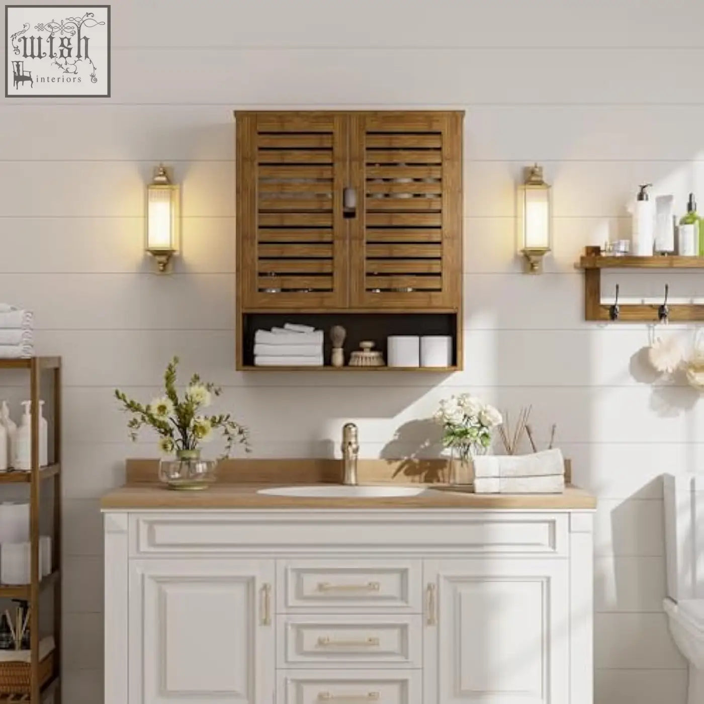 Smibuy wall cabinet in walnut bamboo with wooden slats and integrated shelf for storage space medicine cabinet use
