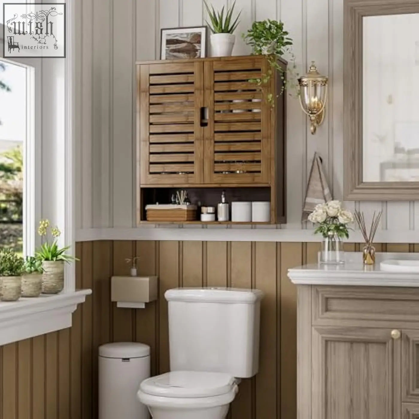Smibuy wall cabinet with two wooden slatted doors and open shelf in natural bamboo finish for bathroom storage space