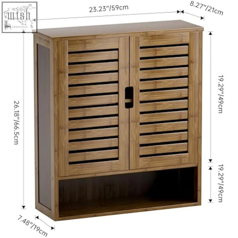 Smibuy wall cabinet in dark walnut bamboo with slatted doors and adjustable shelves for medicine cabinet storage space