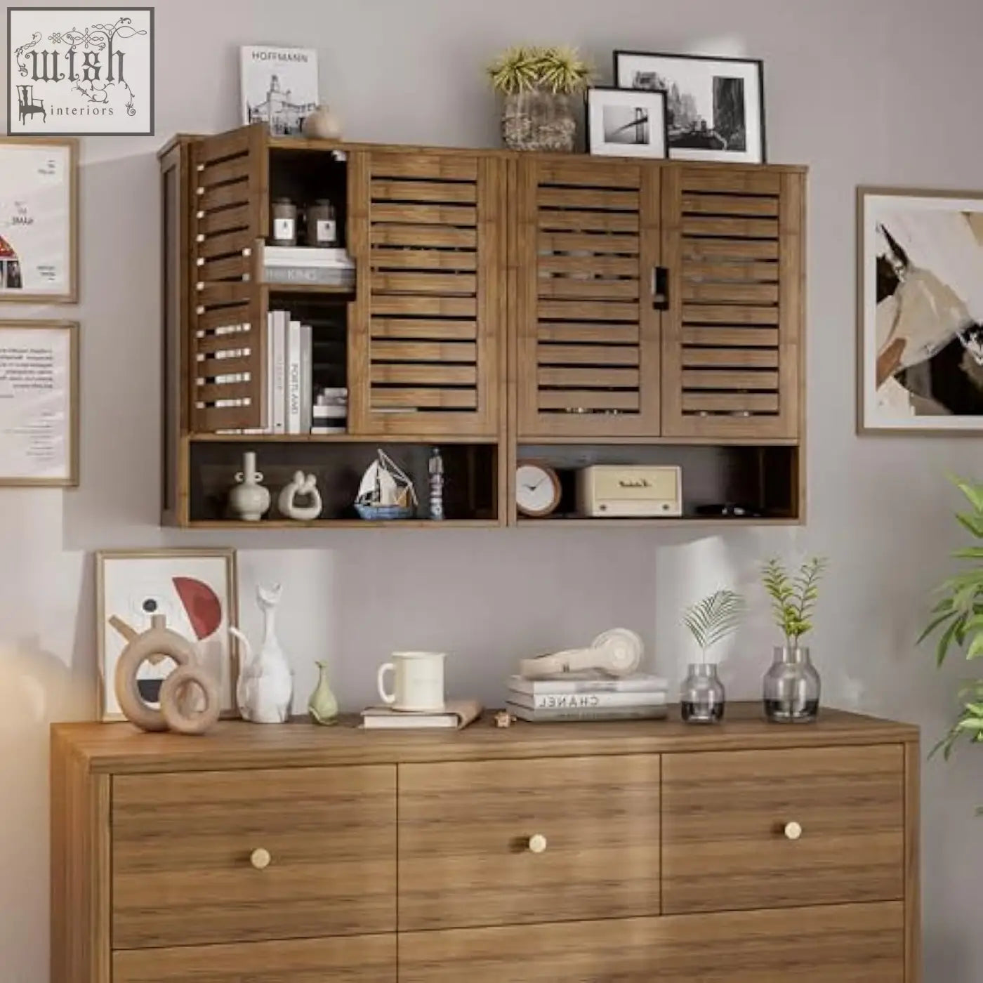 Smibuy wall cabinet with slatted bamboo doors and open shelves in walnut adds storage space as a medicine cabinet