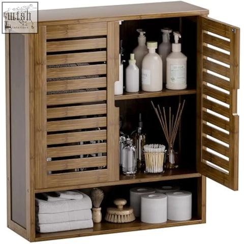 Smibuy bamboo wall cabinet with slatted doors and adjustable shelves offers space saver storage for medicine cabinet use