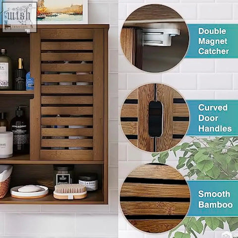 Smibuy wall cabinet with smooth bamboo slats and curved handles for over-the-toilet storage space as medicine cabinet