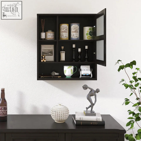 Black wall-mounted smibuy mirror cabinet with glass door and shelves for bathroom storage space and medicine cabinet