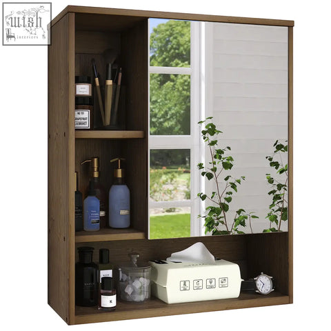 Brown wooden bamboo mirror cabinet with shelves for bathroom storage space and medicine cabinet wall mounted use