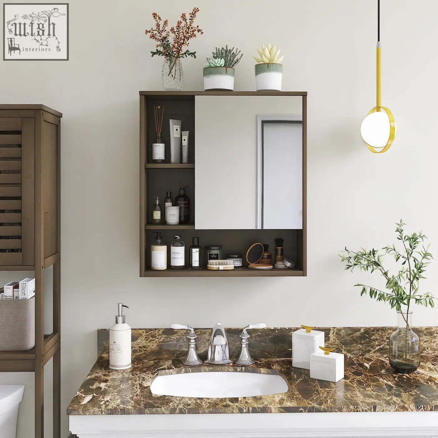 Brown wooden bamboo medicine cabinet with mirrored door and open shelving for bathroom storage space and mirror cabinet use