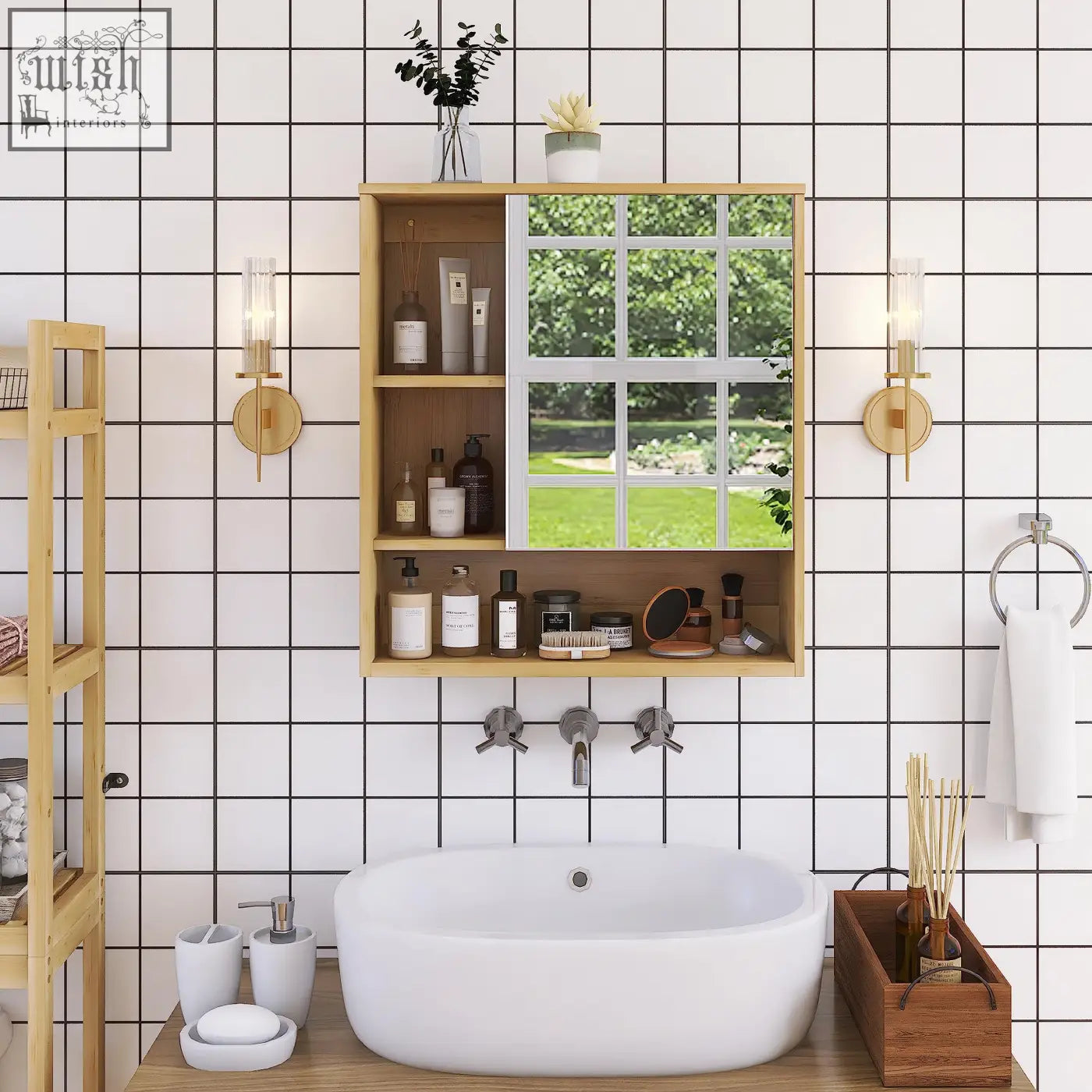 Light wood bamboo mirror cabinet with glass panel and open shelving offers storage space and medicine cabinet use