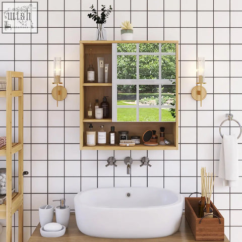 Light wood bamboo mirror cabinet with glass panel and open shelving offers storage space and medicine cabinet use