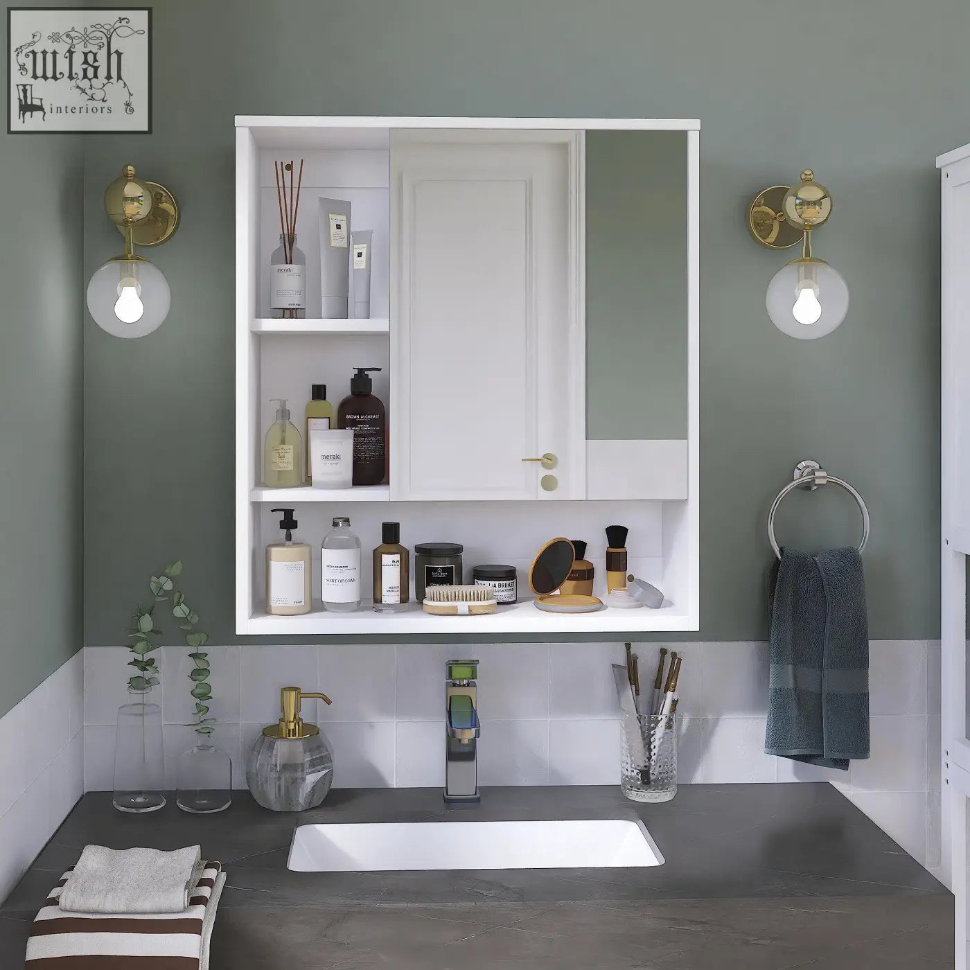 White wall-mounted smibuy bamboo medicine cabinet with mirror door and two shelves for bathroom storage space