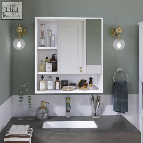 White wall-mounted smibuy bamboo medicine cabinet with mirror door and two shelves for bathroom storage space