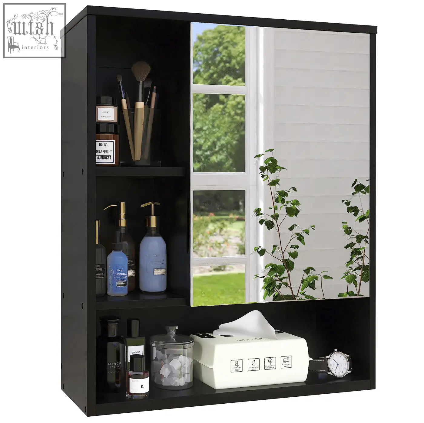 Black bamboo bathroom mirror cabinet with mirrored door and three shelves for storage space and medicine cabinet use