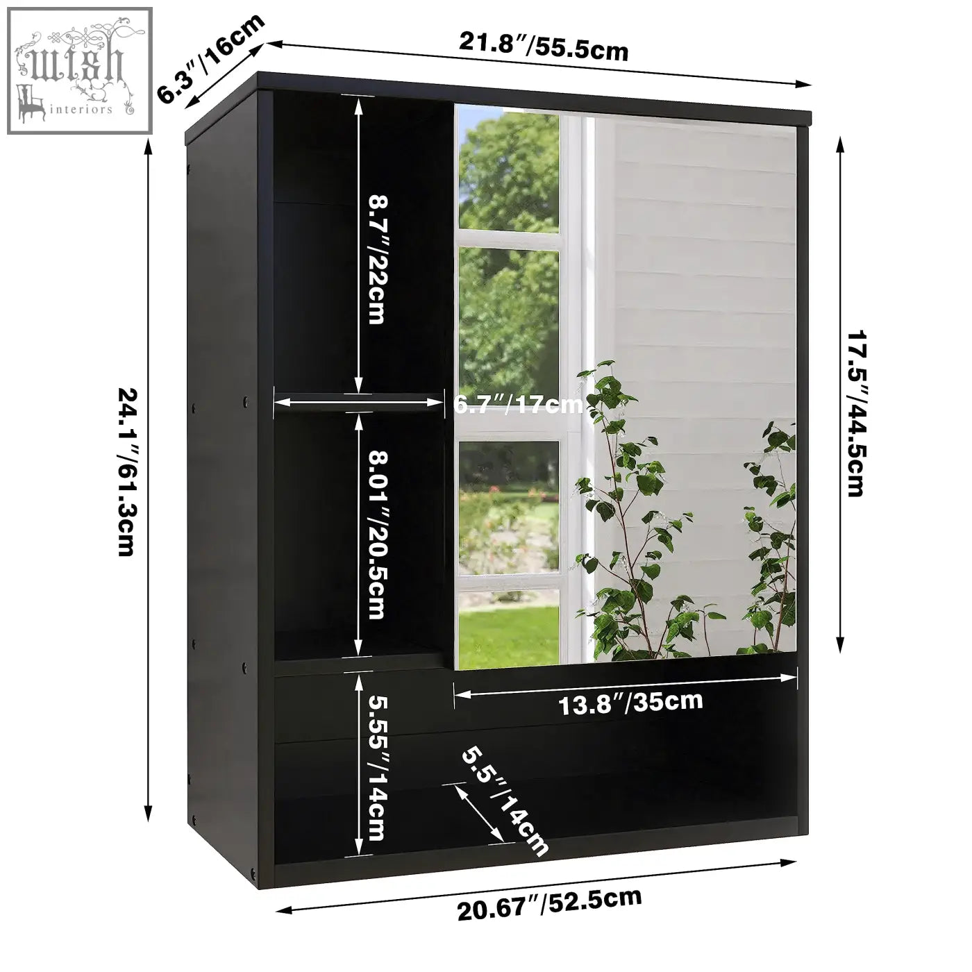 Black sliding door mirror cabinet with bamboo frame, two open shelves, perfect for bathroom medicine cabinet storage space