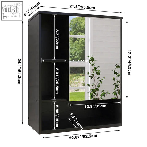 Black sliding door mirror cabinet with bamboo frame, two open shelves, perfect for bathroom medicine cabinet storage space