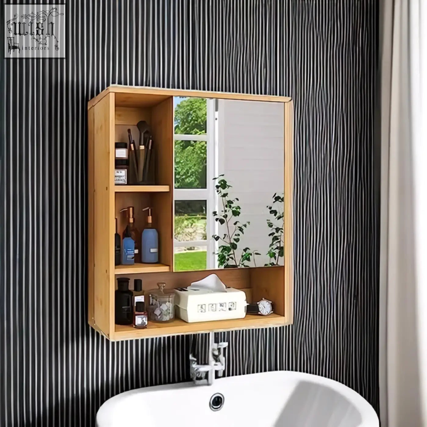 Smibuy light wood bamboo mirror cabinet with medicine cabinet storage space and open shelving for bathroom use