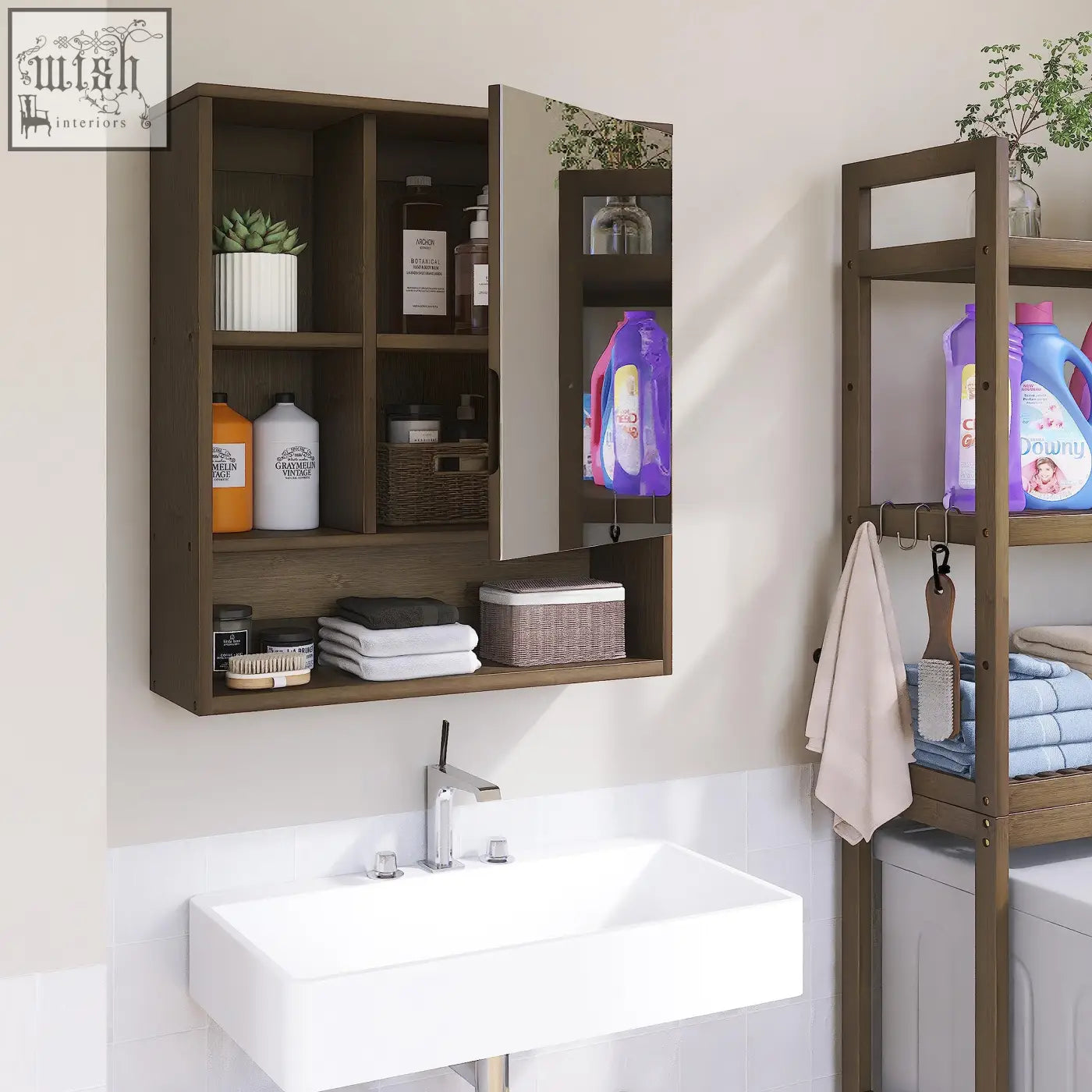 Brown bamboo wall mounted medicine cabinet with mirrored door and shelves for bathroom storage space and mirror cabinet use