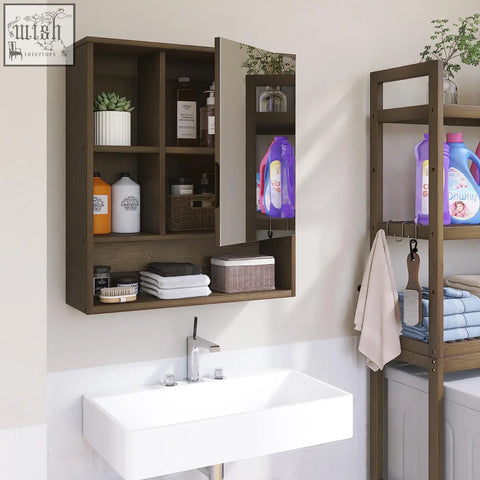 Brown bamboo wall mounted medicine cabinet with mirrored door and shelves for bathroom storage space and mirror cabinet use