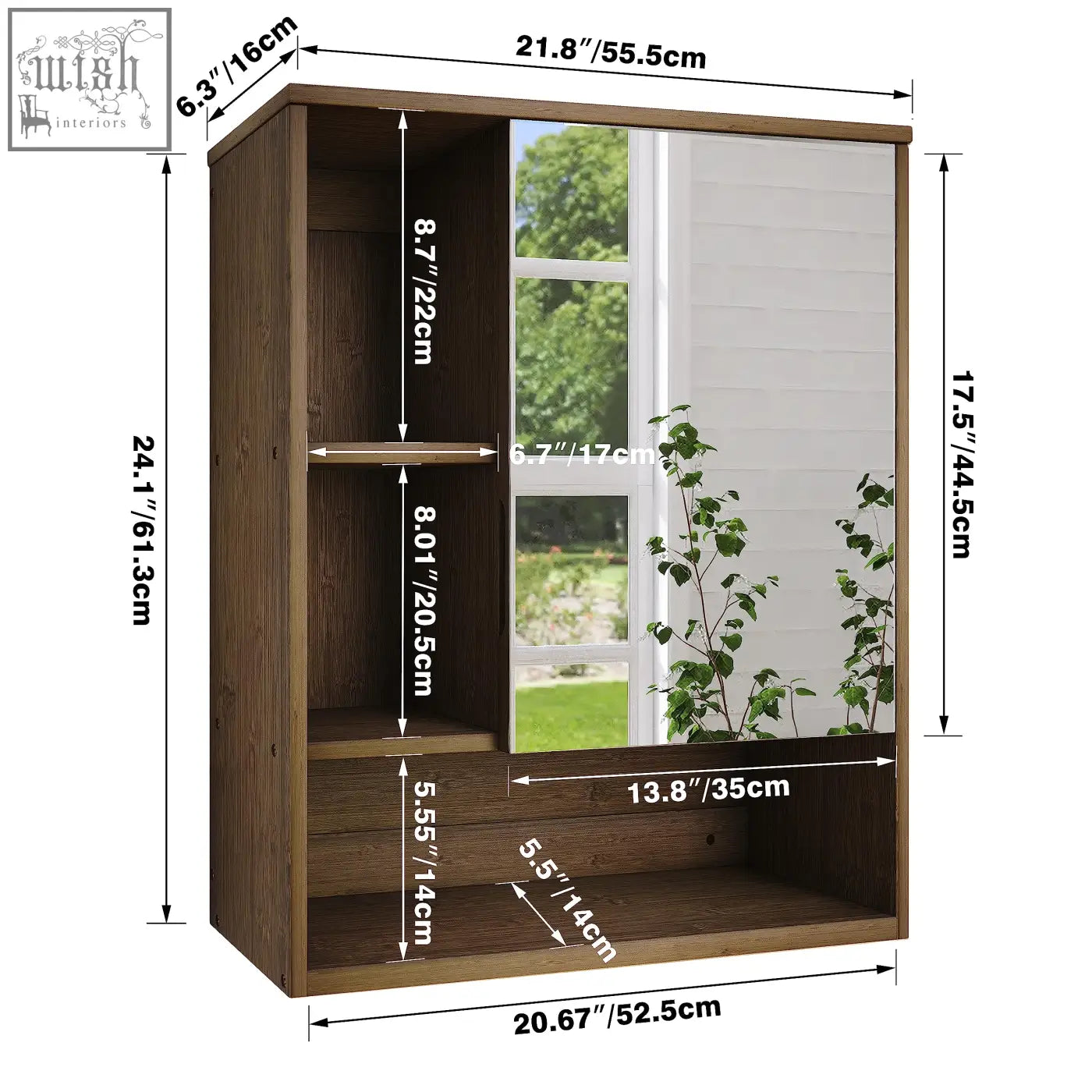 Dark wood two-door sliding mirror cabinet with internal shelving provides storage space for bathroom or medicine cabinet use