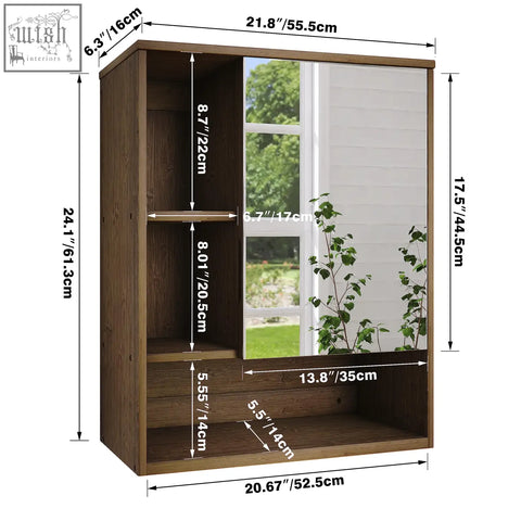 Dark wood two-door sliding mirror cabinet with internal shelving provides storage space for bathroom or medicine cabinet use