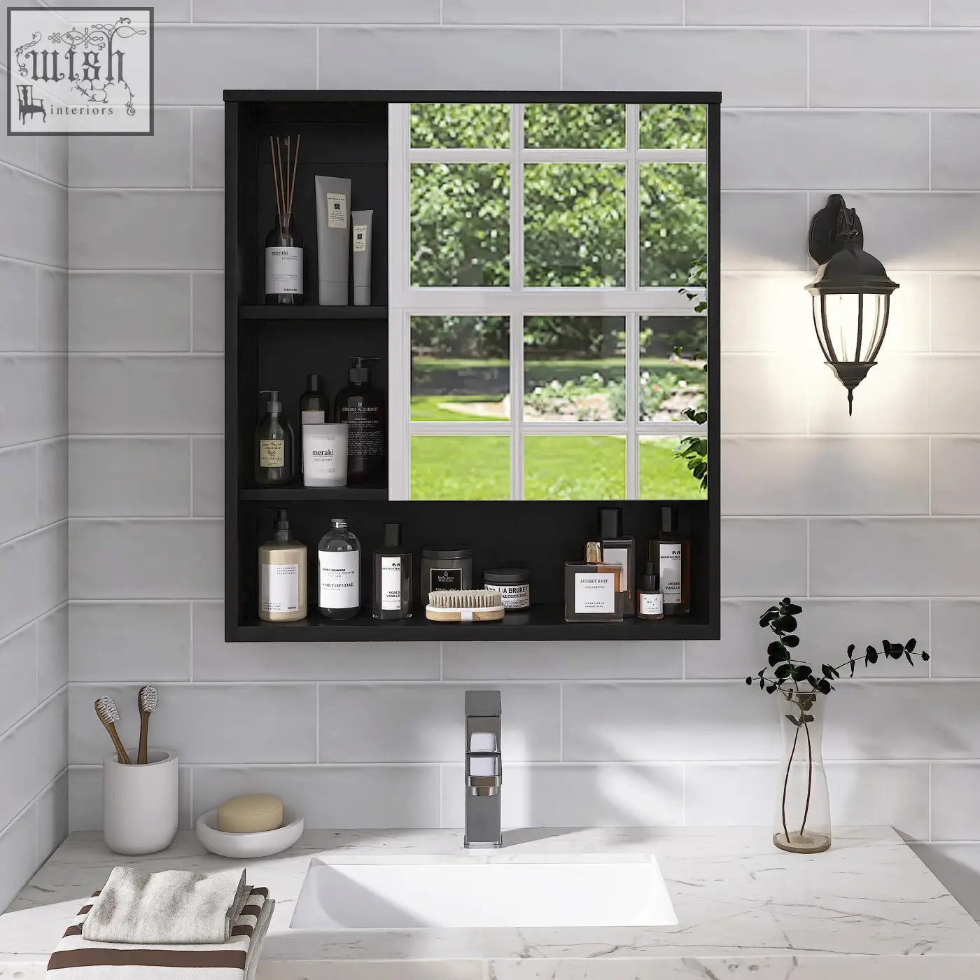 Black framed bathroom mirror cabinet with grid design and built-in bamboo shelving for medicine cabinet storage space