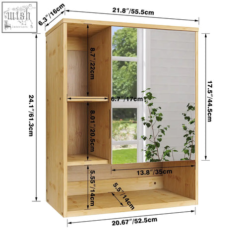 Smibuy light wood bamboo bathroom mirror cabinet with storage space and adjustable shelves for medicine cabinet use