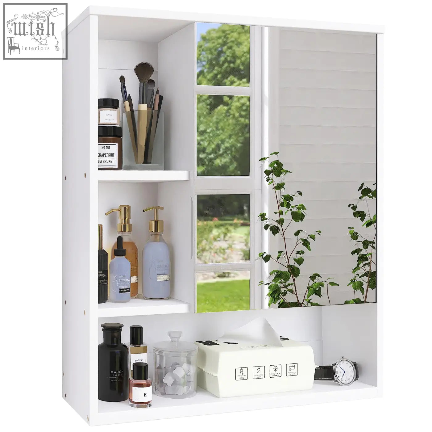 White smibuy wall-mounted mirror cabinet with bamboo open shelving offers space-saving storage for bathroom medicine needs