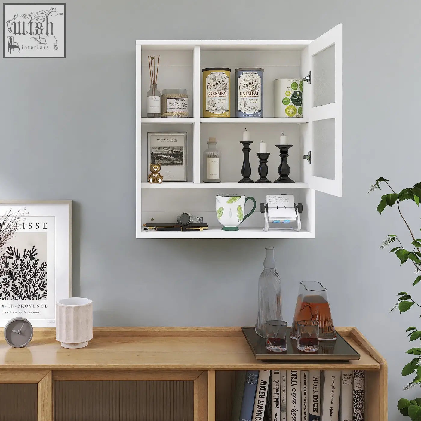 White wall-mounted mirror cabinet with glass door and multiple compartments for storage space and medicine cabinet use