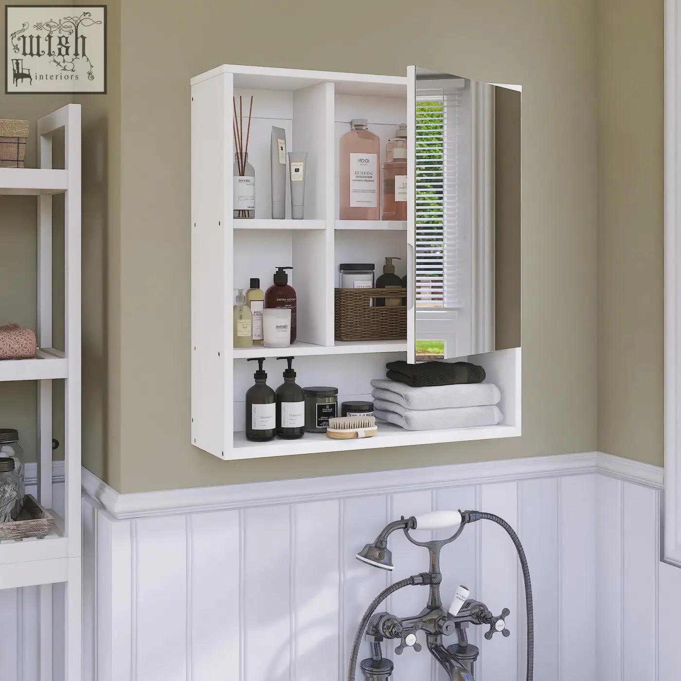 White wall-mounted bamboo mirror cabinet with multiple shelves for medicine cabinet storage space in bathroom