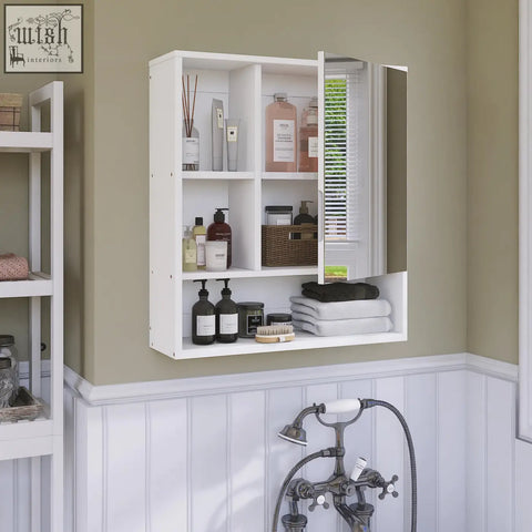 White wall-mounted bamboo mirror cabinet with multiple shelves for medicine cabinet storage space in bathroom