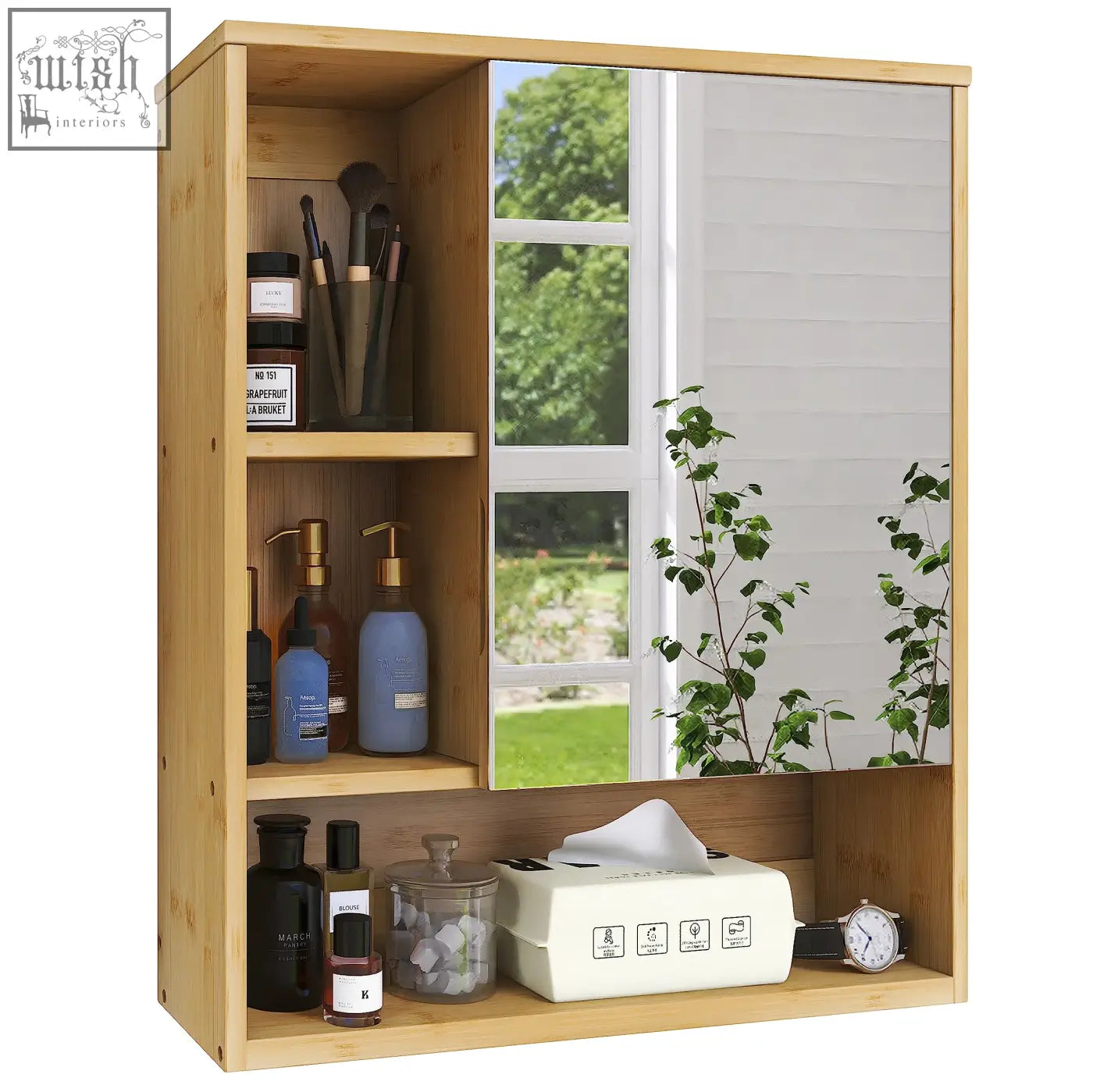Light wood bamboo smibuy bathroom mirror cabinet with open shelving and storage space reflecting greenery outside