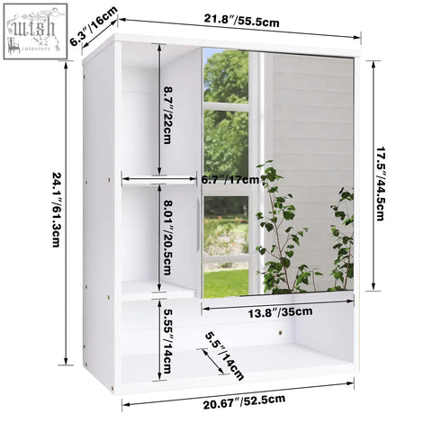 White wall-mounted smibuy mirror cabinet with mirrored sliding doors and adjustable shelves for medicine storage space